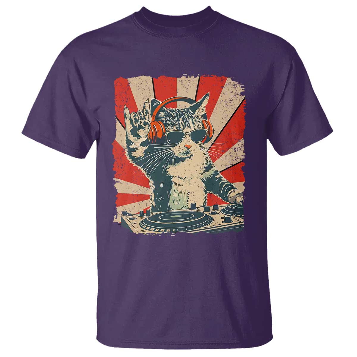 Funny DJ Cat with Headphones Retro Music Lover T Shirt TS11 Purple Print Your Wear