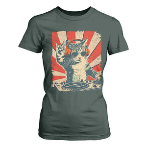 Funny DJ Cat with Headphones Retro Music Lover T Shirt For Women TS11 Dark Forest Green Print Your Wear