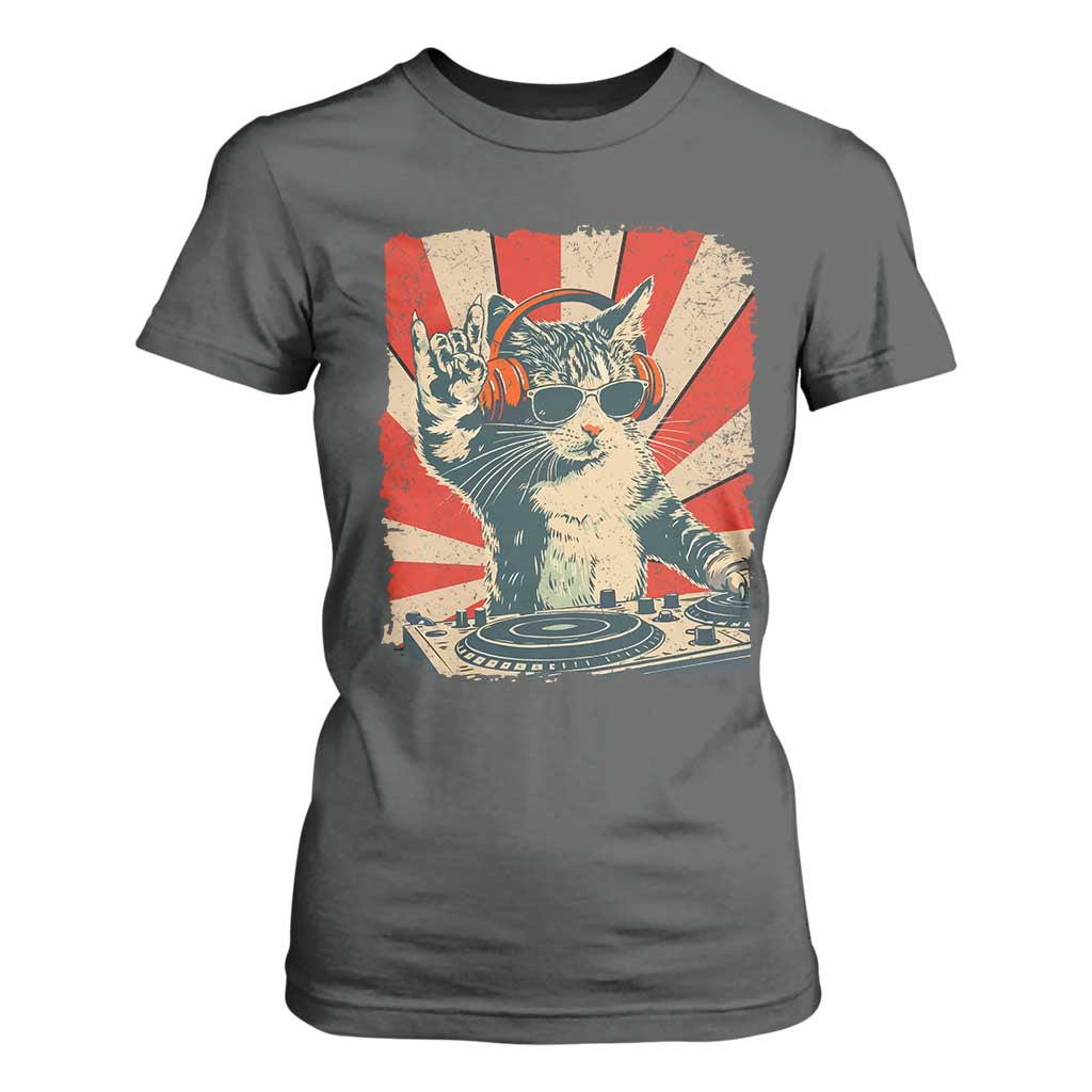Funny DJ Cat with Headphones Retro Music Lover T Shirt For Women TS11 Dark Heather Print Your Wear