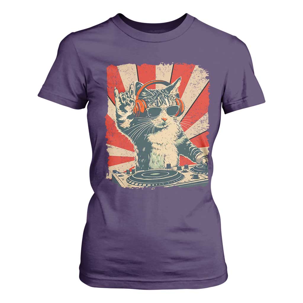 Funny DJ Cat with Headphones Retro Music Lover T Shirt For Women TS11 Purple Print Your Wear