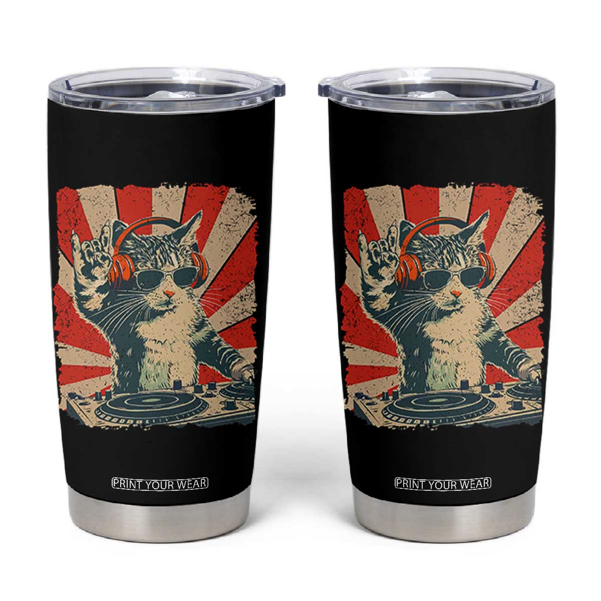 Funny DJ Cat with Headphones Retro Music Lover Tumbler Cup TS11 Black Print Your Wear