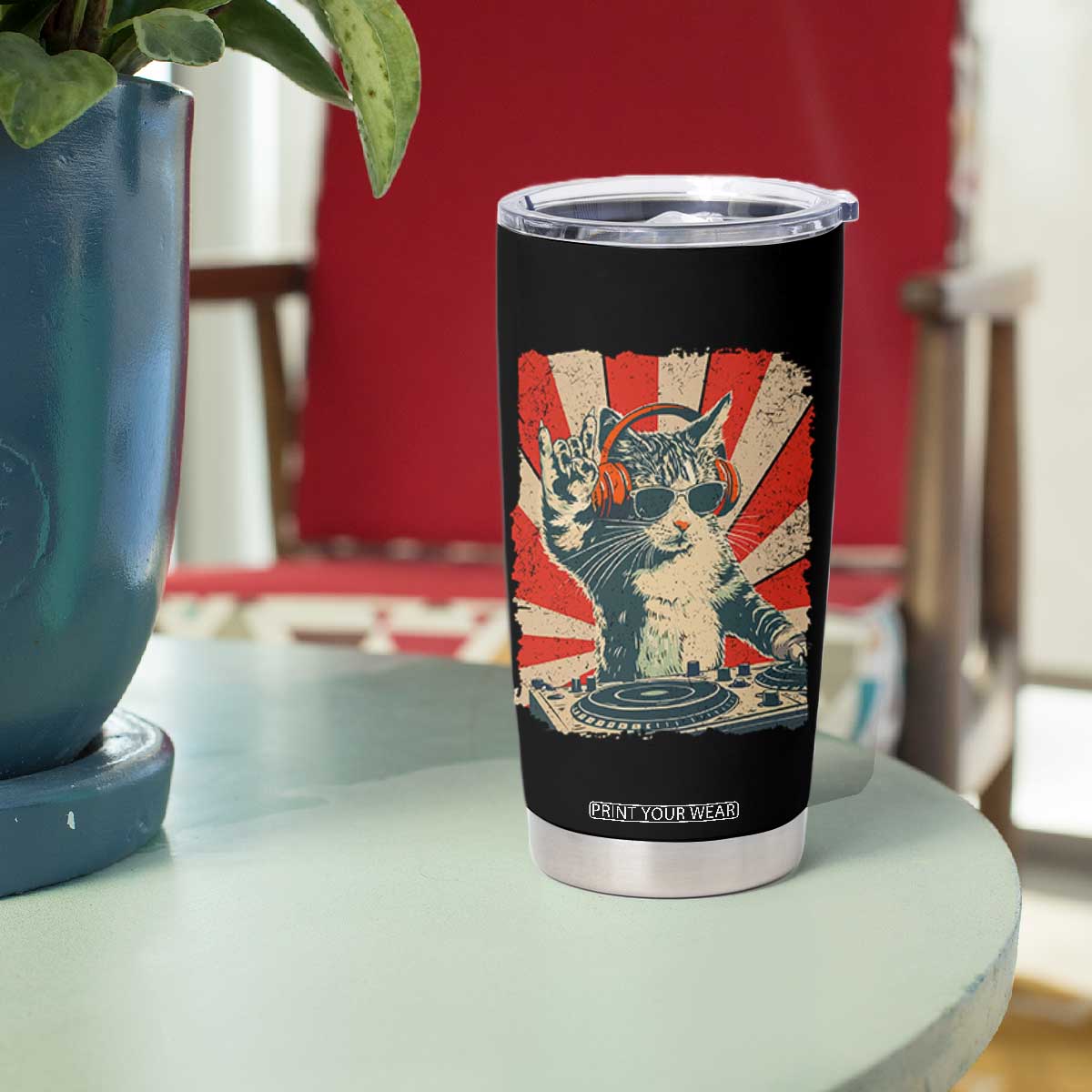 Funny DJ Cat with Headphones Retro Music Lover Tumbler Cup TS11 Print Your Wear