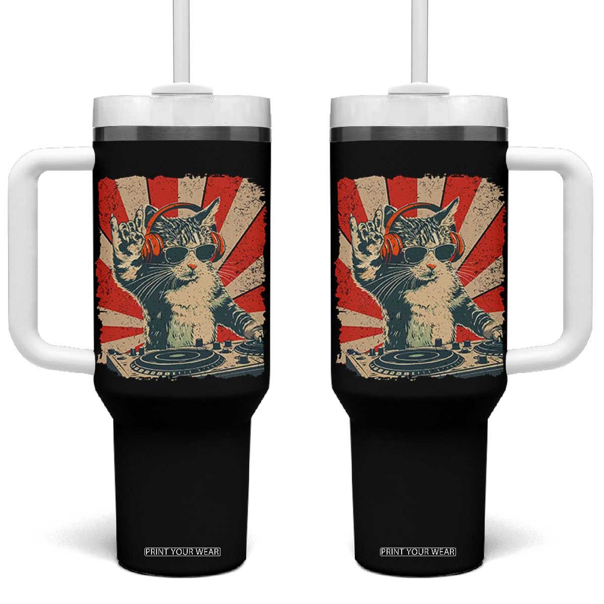 Funny DJ Cat with Headphones Retro Music Lover Tumbler With Handle TS11 One Size: 40 oz Black Print Your Wear