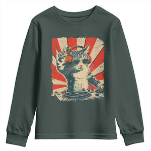 Funny DJ Cat with Headphones Retro Music Lover Youth Sweatshirt TS11 Dark Forest Green Print Your Wear