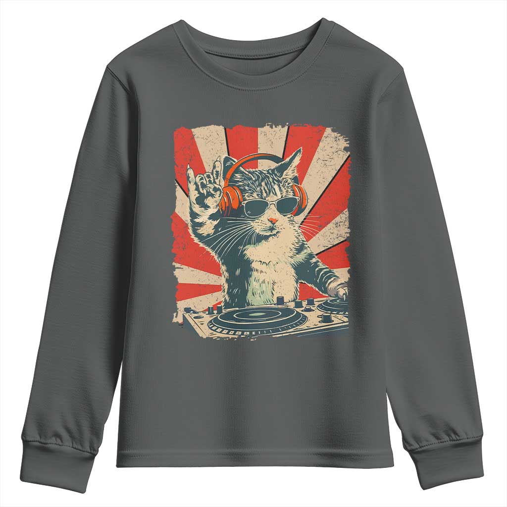 Funny DJ Cat with Headphones Retro Music Lover Youth Sweatshirt TS11 Dark Heather Print Your Wear