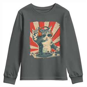 Funny DJ Cat with Headphones Retro Music Lover Youth Sweatshirt TS11 Dark Heather Print Your Wear
