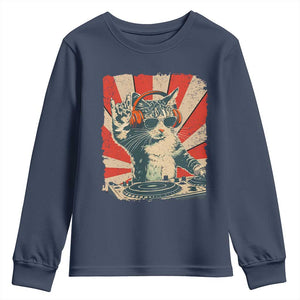 Funny DJ Cat with Headphones Retro Music Lover Youth Sweatshirt TS11 Navy Print Your Wear