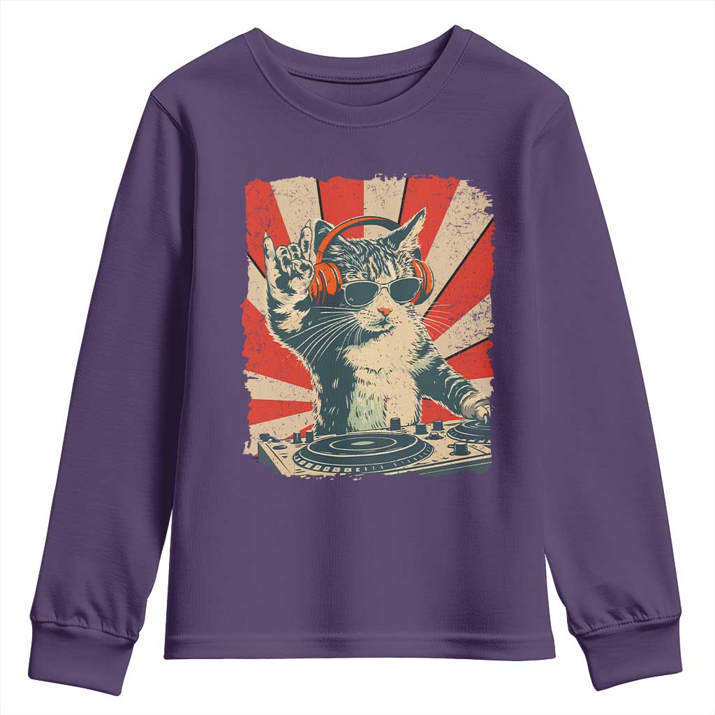 Funny DJ Cat with Headphones Retro Music Lover Youth Sweatshirt TS11 Purple Print Your Wear