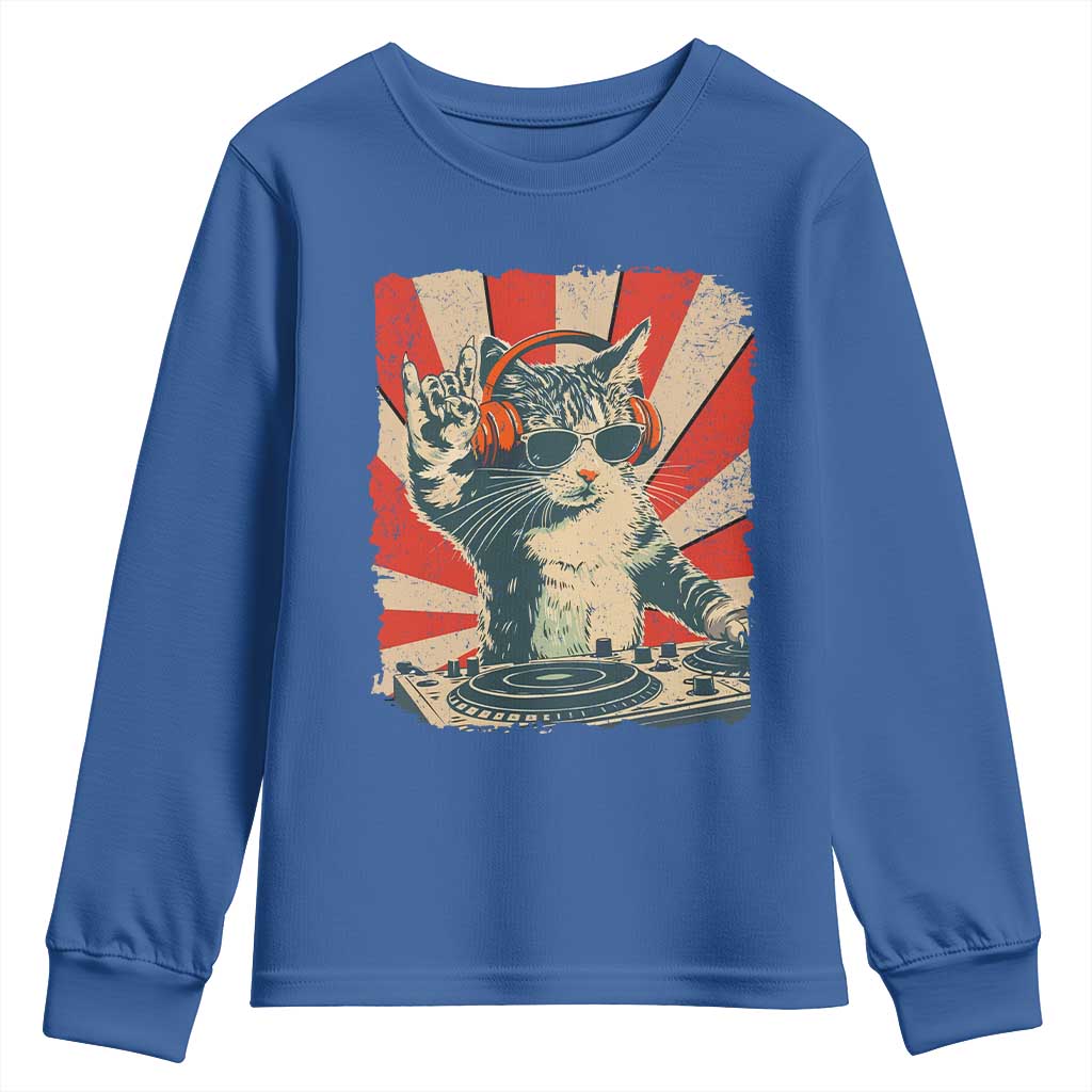 Funny DJ Cat with Headphones Retro Music Lover Youth Sweatshirt TS11 Royal Blue Print Your Wear