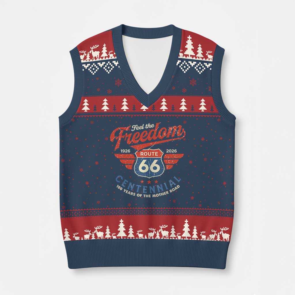 US Route Highway 66 Centennial V-Neck Knit Sweater Vest Feel The Freedom 100 Years Of The Mother Road TS11 Navy Red Print Your Wear