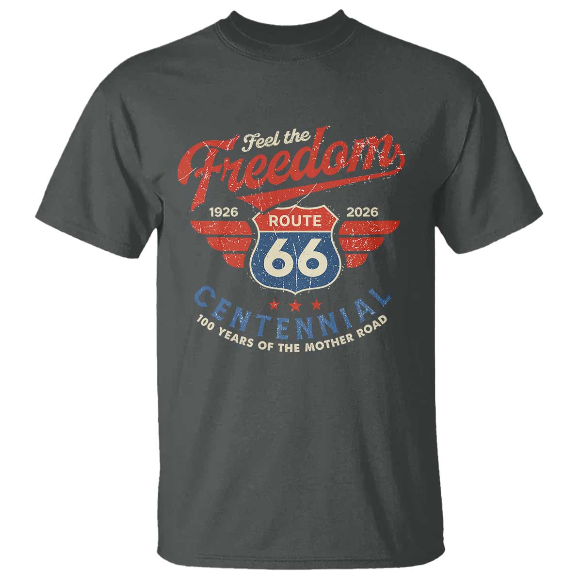 US Route Highway 66 Centennial T Shirt - Feel The Freedom - 100 Years Of The Mother Road TS11 Dark Heather Print Your Wear