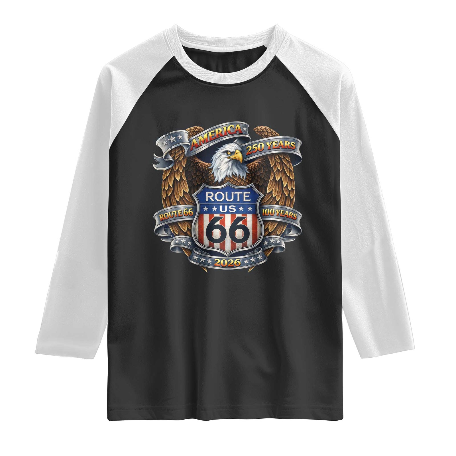 250 Years Of America 100 Years Of Route Highway 66 Raglan Shirt Bald Eagle Vintage American Flag TS11 Black White Print Your Wear