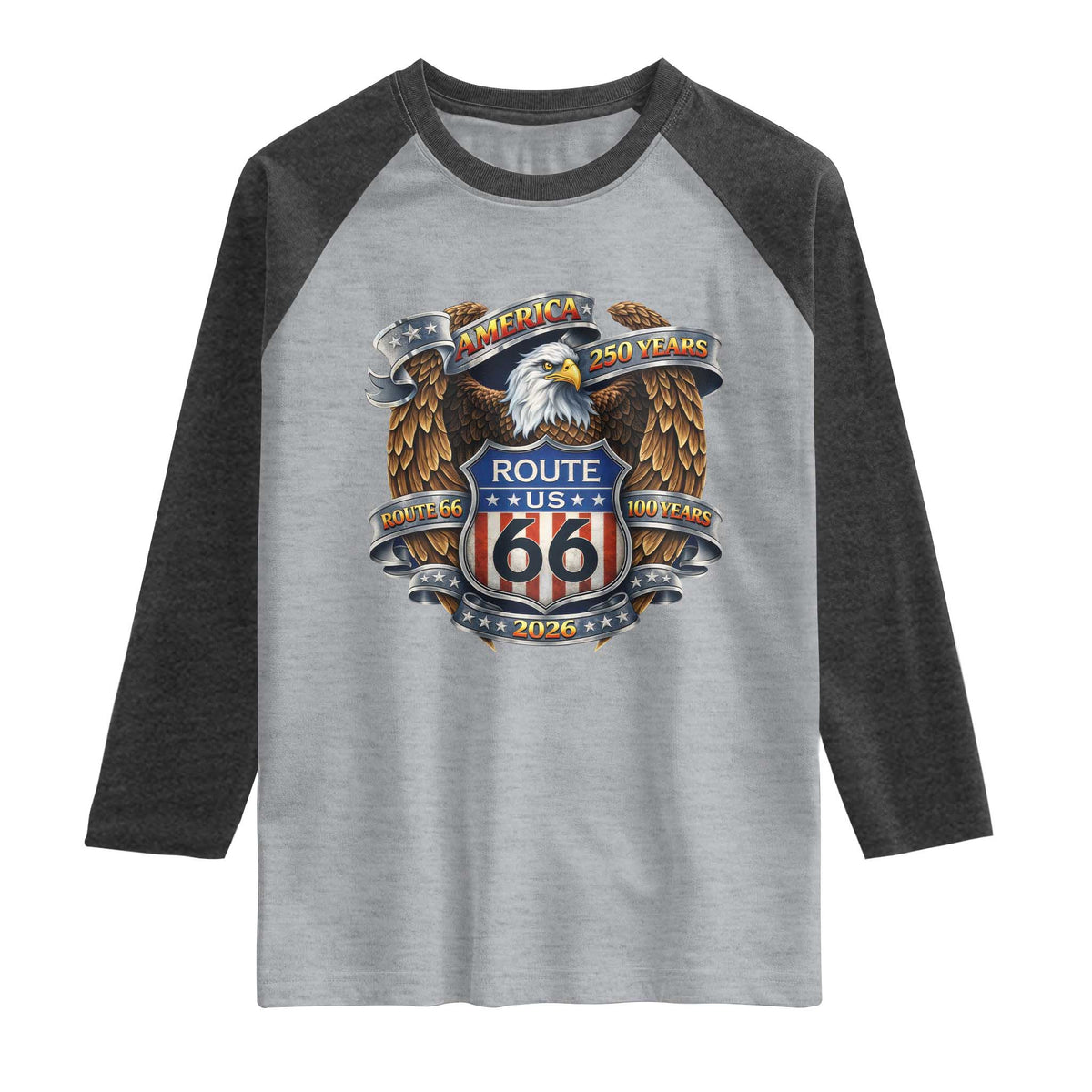 250 Years Of America 100 Years Of Route Highway 66 Raglan Shirt Bald Eagle Vintage American Flag TS11 Heather Gray Heather Charcoal Print Your Wear
