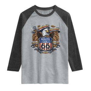 250 Years Of America 100 Years Of Route Highway 66 Raglan Shirt Bald Eagle Vintage American Flag TS11 Heather Gray Heather Charcoal Print Your Wear