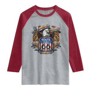 250 Years Of America 100 Years Of Route Highway 66 Raglan Shirt Bald Eagle Vintage American Flag TS11 Heather Gray Heather Red Print Your Wear