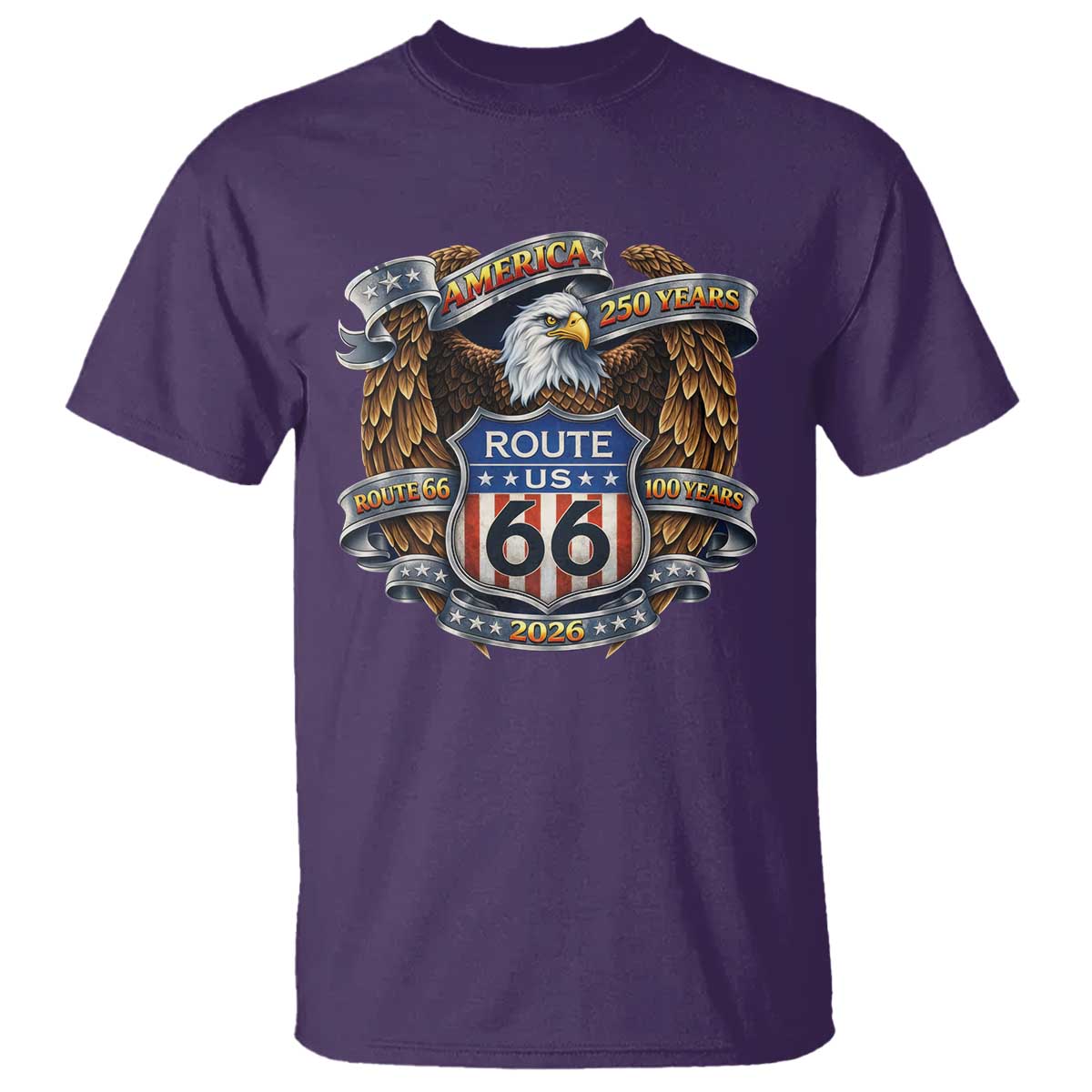 250 Years Of America 100 Years Of Route Highway 66 T Shirt Bald Eagle Vintage American Flag TS11 Purple Print Your Wear