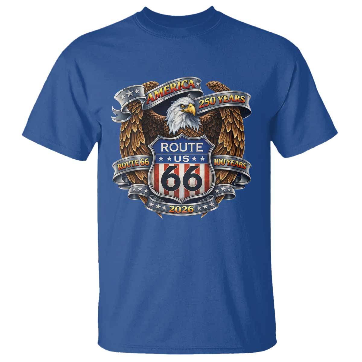 250 Years Of America 100 Years Of Route Highway 66 T Shirt Bald Eagle Vintage American Flag TS11 Royal Blue Print Your Wear