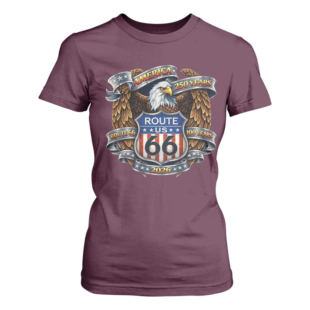 250 Years Of America 100 Years Of Route Highway 66 T Shirt For Women Bald Eagle Vintage American Flag TS11 Maroon Print Your Wear
