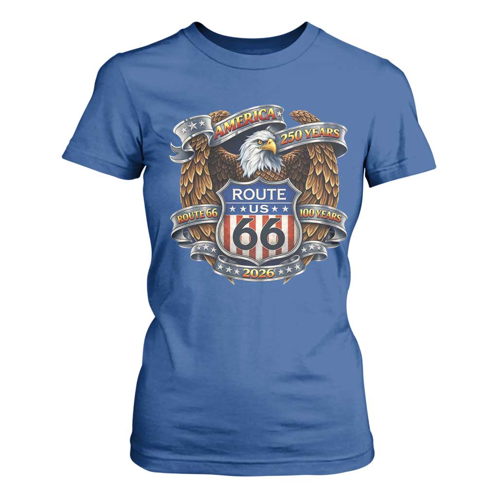 250 Years Of America 100 Years Of Route Highway 66 T Shirt For Women Bald Eagle Vintage American Flag TS11 Royal Blue Print Your Wear