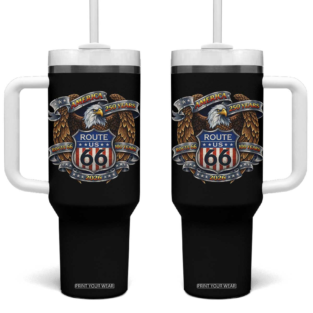 250 Years Of America 100 Years Of Route Highway 66 Tumbler With Handle Bald Eagle Vintage American Flag TS11 One Size: 40 oz Black Print Your Wear