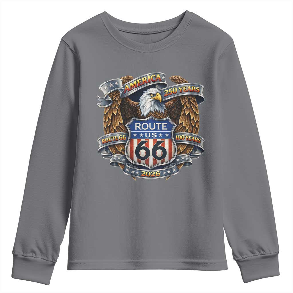 250 Years Of America 100 Years Of Route Highway 66 Youth Sweatshirt Bald Eagle Vintage American Flag TS11 Charcoal Print Your Wear
