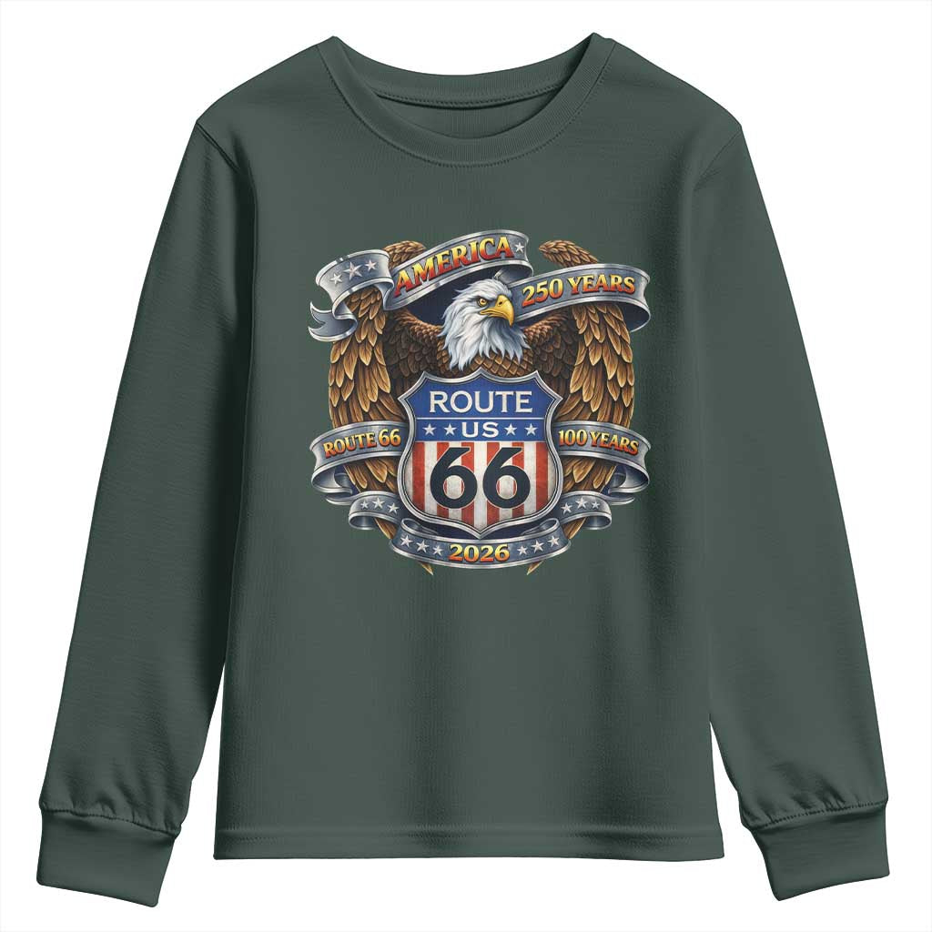 250 Years Of America 100 Years Of Route Highway 66 Youth Sweatshirt Bald Eagle Vintage American Flag TS11 Dark Forest Green Print Your Wear