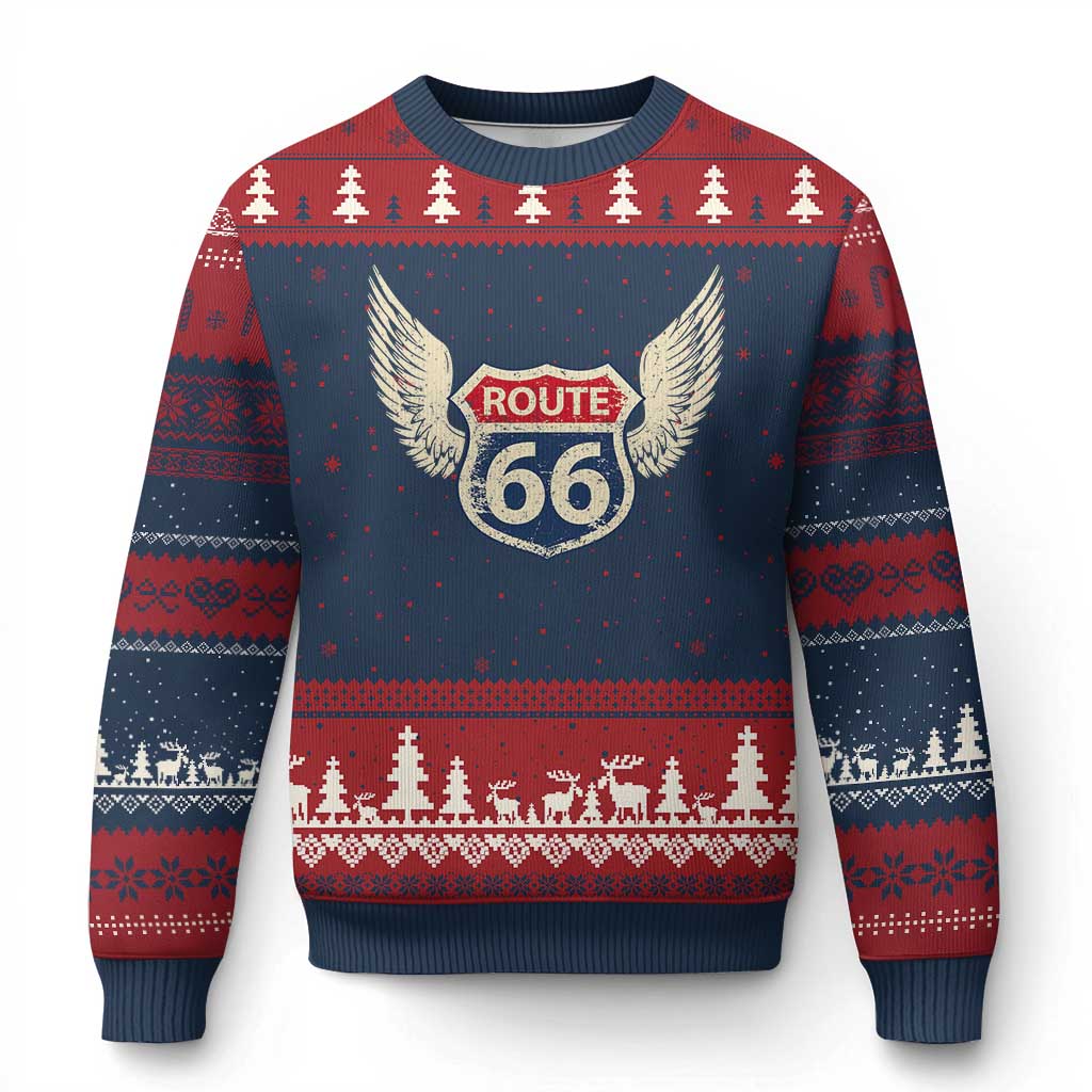 Vintage Route Highway 66 Highway Road Trip Sign Ugly Christmas Sweater TS11 Navy Red Print Your Wear