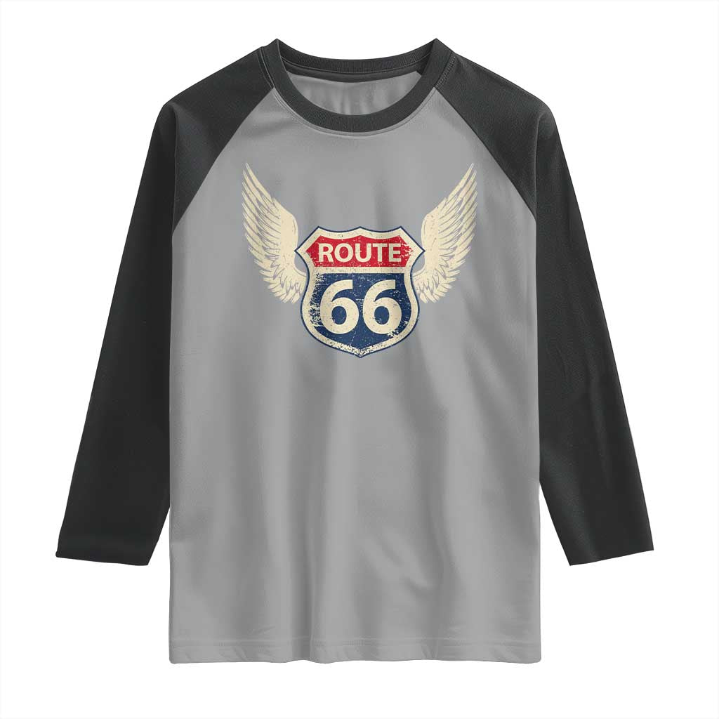 Vintage Route Highway 66 Highway Road Trip Sign Raglan Shirt TS11 Sport Gray Black Print Your Wear