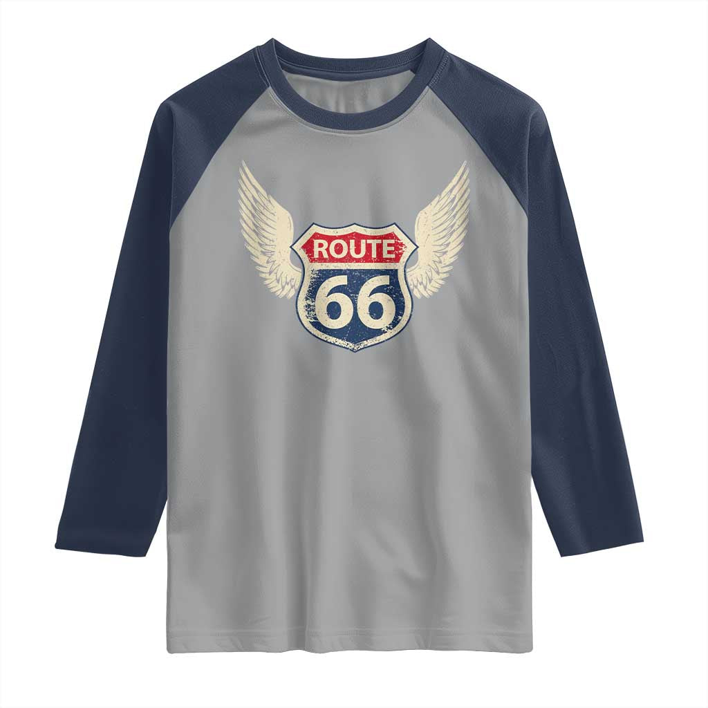 Vintage Route Highway 66 Highway Road Trip Sign Raglan Shirt TS11 Sport Gray Navy Print Your Wear