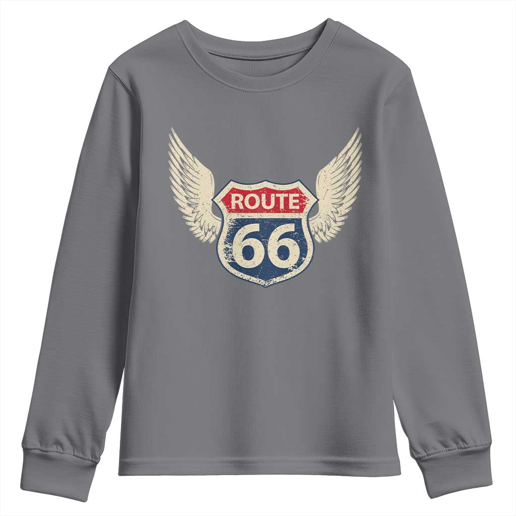 Vintage Route Highway 66 Highway Road Trip Sign Youth Sweatshirt TS11 Charcoal Print Your Wear