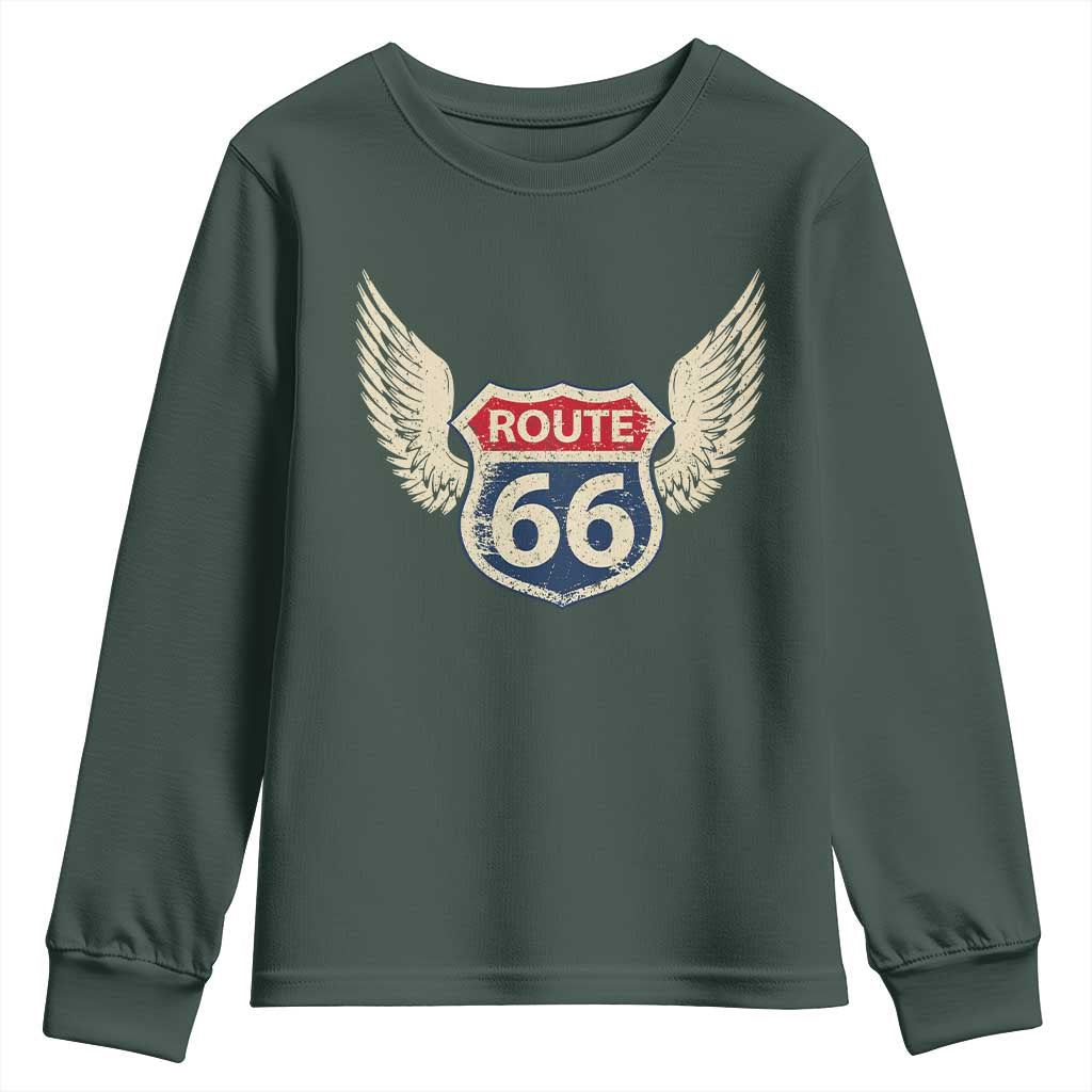 Vintage Route Highway 66 Highway Road Trip Sign Youth Sweatshirt TS11 Dark Forest Green Print Your Wear