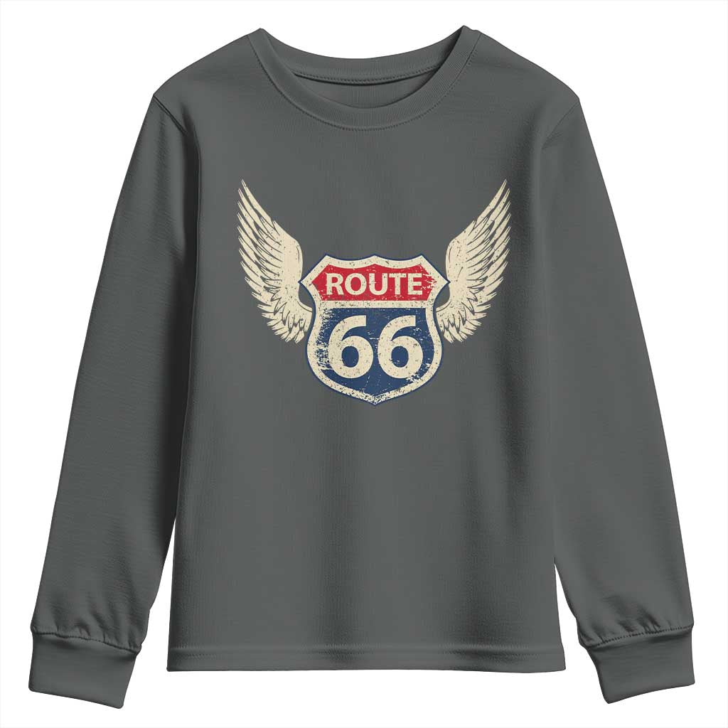 Vintage Route Highway 66 Highway Road Trip Sign Youth Sweatshirt TS11 Dark Heather Print Your Wear