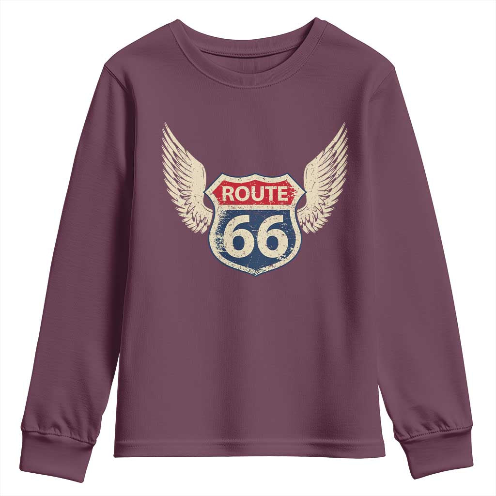 Vintage Route Highway 66 Highway Road Trip Sign Youth Sweatshirt TS11 Maroon Print Your Wear
