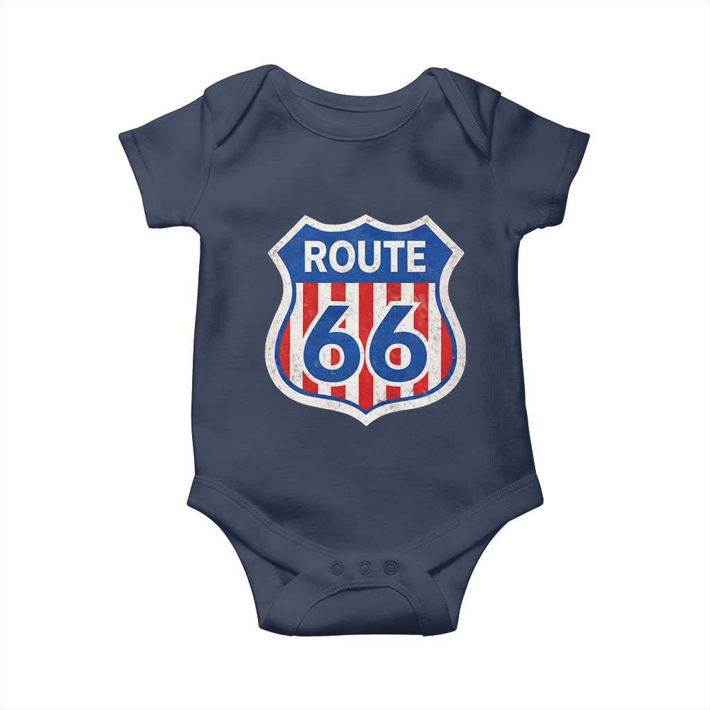Vintage Route Highway 66 Historical Sign Distressed American Flag Road Trip Baby Onesie TS11 Navy Print Your Wear