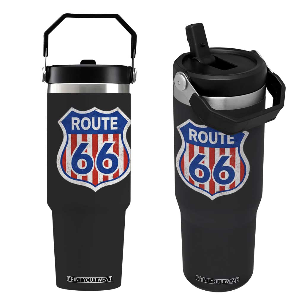 Vintage Route Highway 66 Historical Sign Distressed American Flag Road Trip Flip Straw Tumbler TS11 One Size: 30 oz Black Print Your Wear