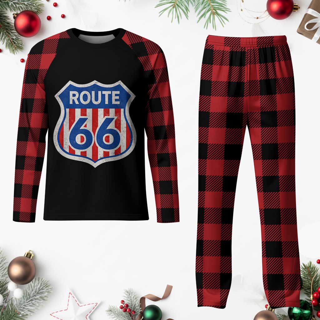 Vintage Route Highway 66 Historical Sign Distressed American Flag Road Trip Plaid Pajama Set TS11 Buffalo Plaid Print Your Wear