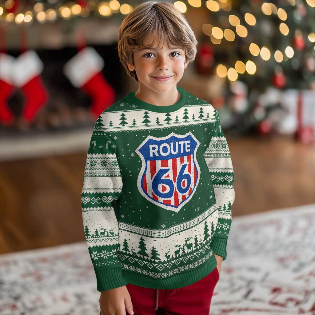 Vintage Route Highway 66 Historical Sign Distressed American Flag Road Trip Ugly Christmas Sweater TS11 Forest Green Beige Print Your Wear