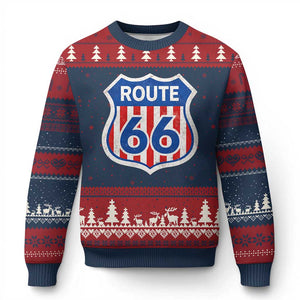 Vintage Route Highway 66 Historical Sign Distressed American Flag Road Trip Ugly Christmas Sweater TS11 Navy Red Print Your Wear