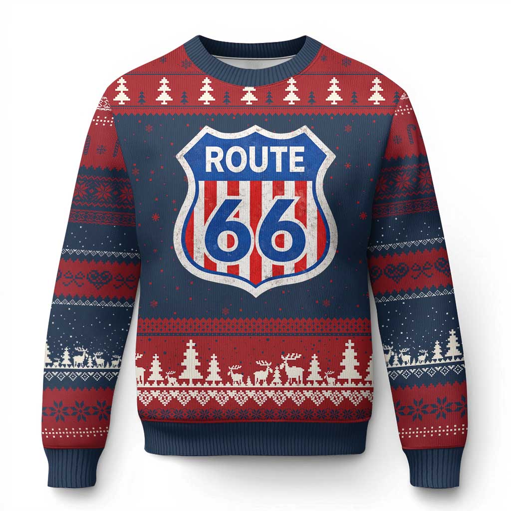 Vintage Route Highway 66 Historical Sign Distressed American Flag Road Trip Ugly Christmas Sweater TS11 Navy Red Print Your Wear