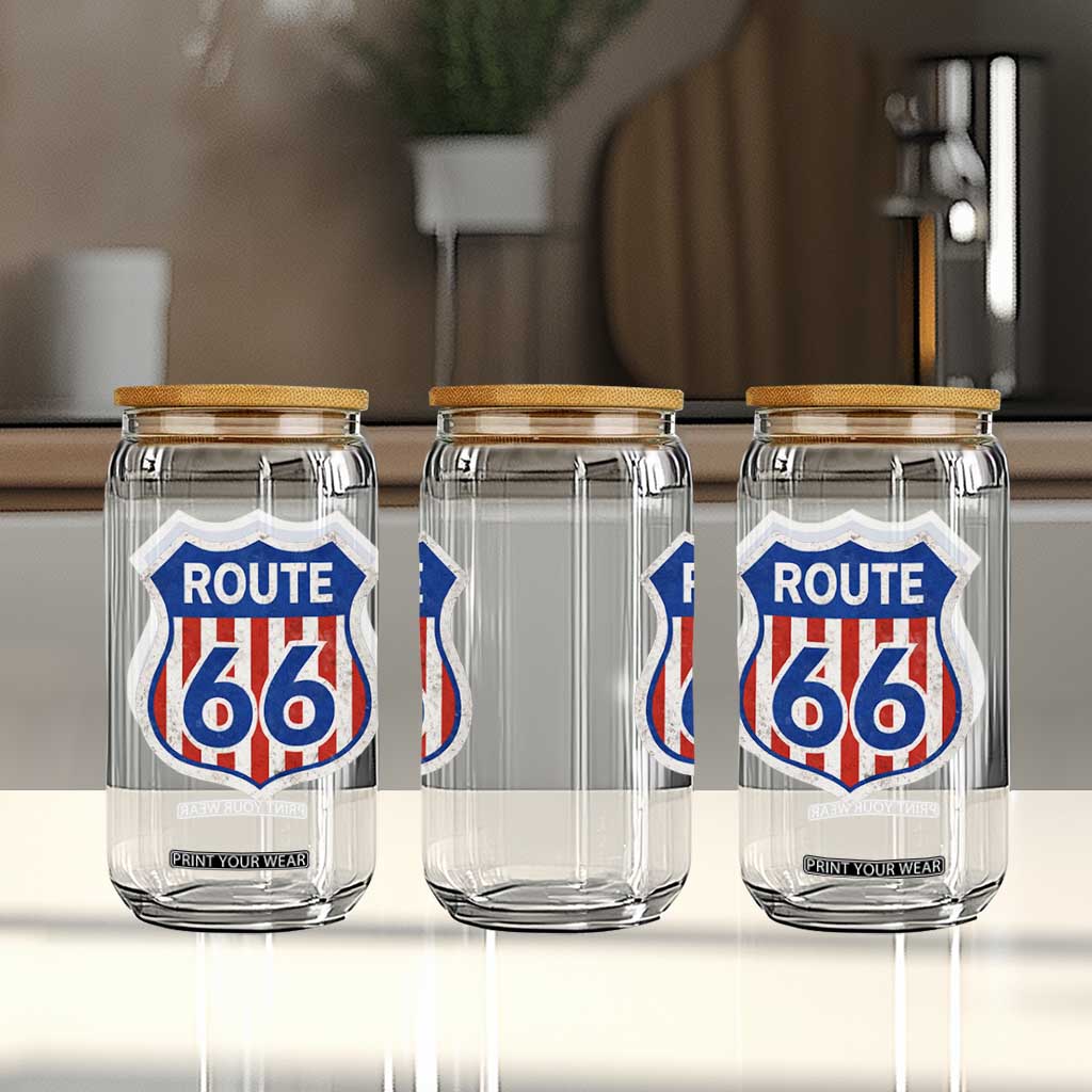 Vintage Route Highway 66 Historical Sign Distressed American Flag Road Trip Glass Can TS11 Print Your Wear
