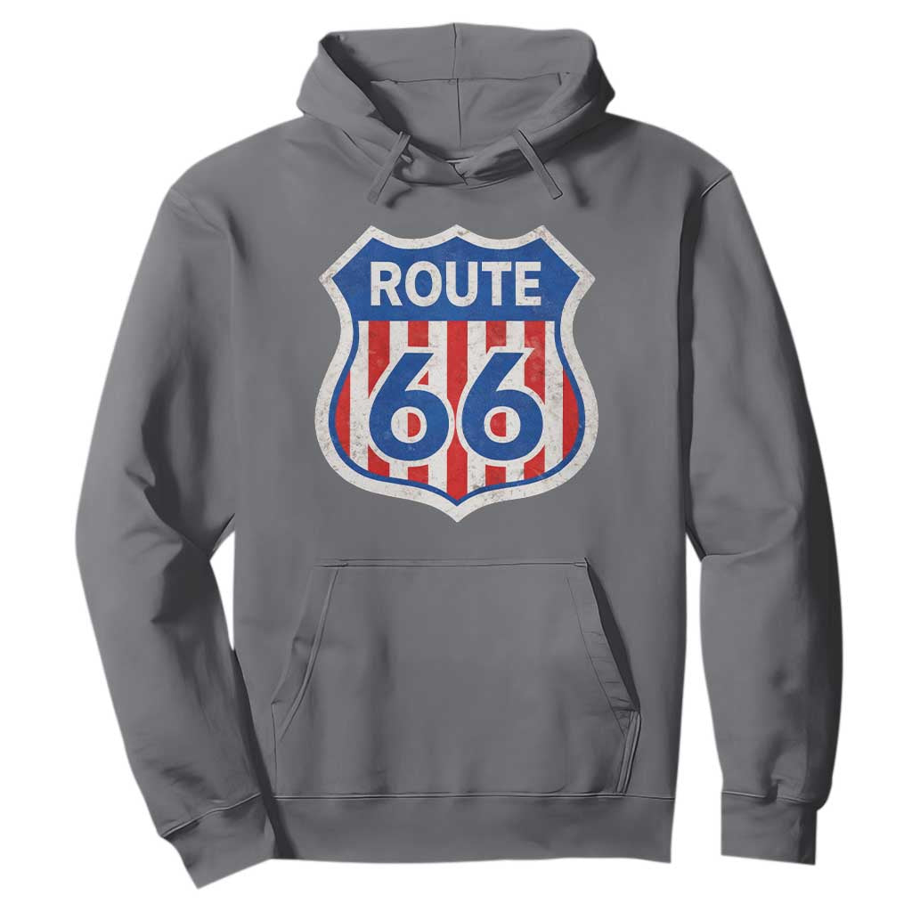 Vintage Route Highway 66 Historical Sign Distressed American Flag Road Trip Hoodie TS11 Charcoal Print Your Wear
