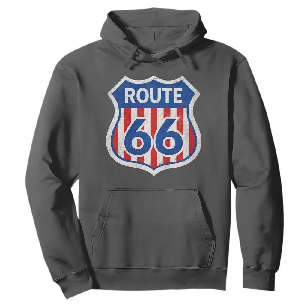 Vintage Route Highway 66 Historical Sign Distressed American Flag Road Trip Hoodie TS11 Dark Heather Print Your Wear