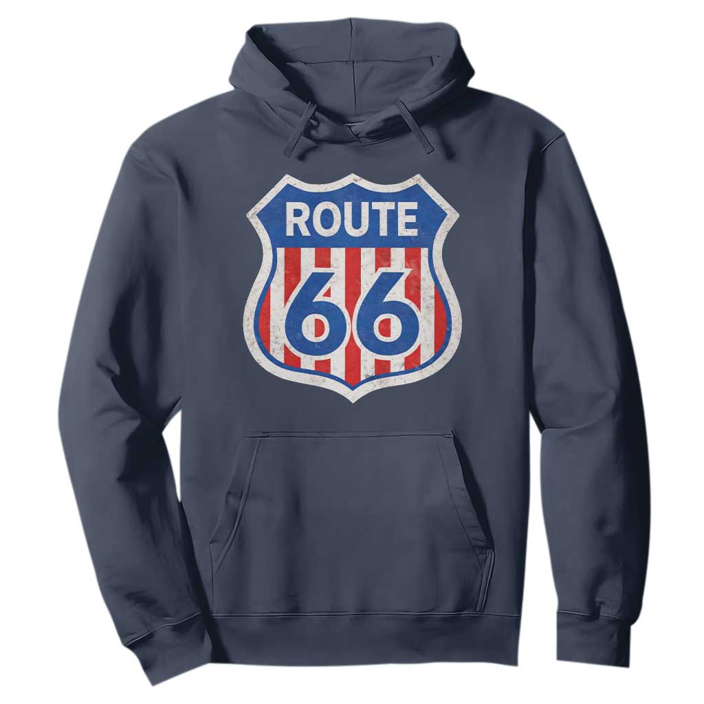 Vintage Route Highway 66 Historical Sign Distressed American Flag Road Trip Hoodie TS11 Navy Print Your Wear