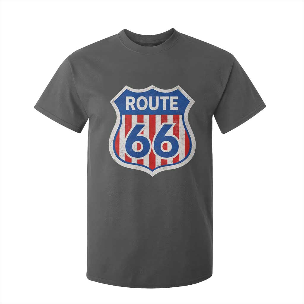 Vintage Route Highway 66 Historical Sign Distressed American Flag Road Trip T Shirt For Kid TS11 Dark Heather Print Your Wear