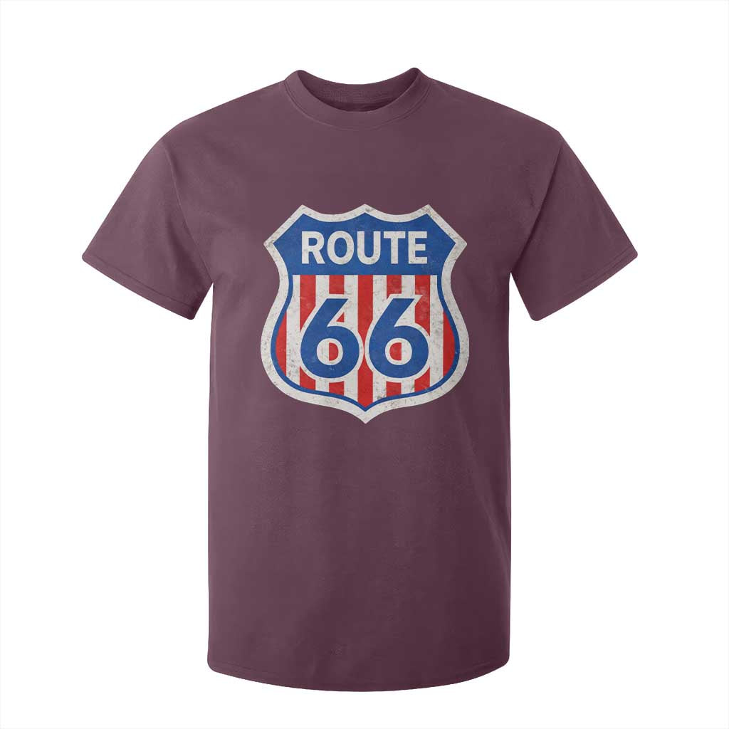 Vintage Route Highway 66 Historical Sign Distressed American Flag Road Trip T Shirt For Kid TS11 Maroon Print Your Wear