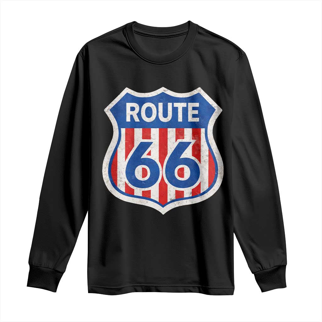 Vintage Route Highway 66 Historical Sign Distressed American Flag Road Trip Long Sleeve Shirt TS11 Black Print Your Wear