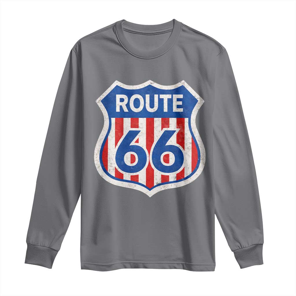 Vintage Route Highway 66 Historical Sign Distressed American Flag Road Trip Long Sleeve Shirt TS11 Charcoal Print Your Wear