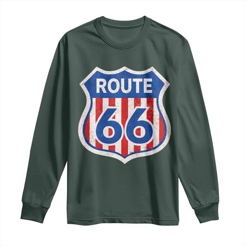 Vintage Route Highway 66 Historical Sign Distressed American Flag Road Trip Long Sleeve Shirt TS11 Dark Forest Green Print Your Wear