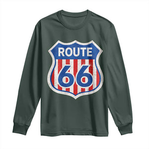 Vintage Route Highway 66 Historical Sign Distressed American Flag Road Trip Long Sleeve Shirt TS11 Dark Forest Green Print Your Wear