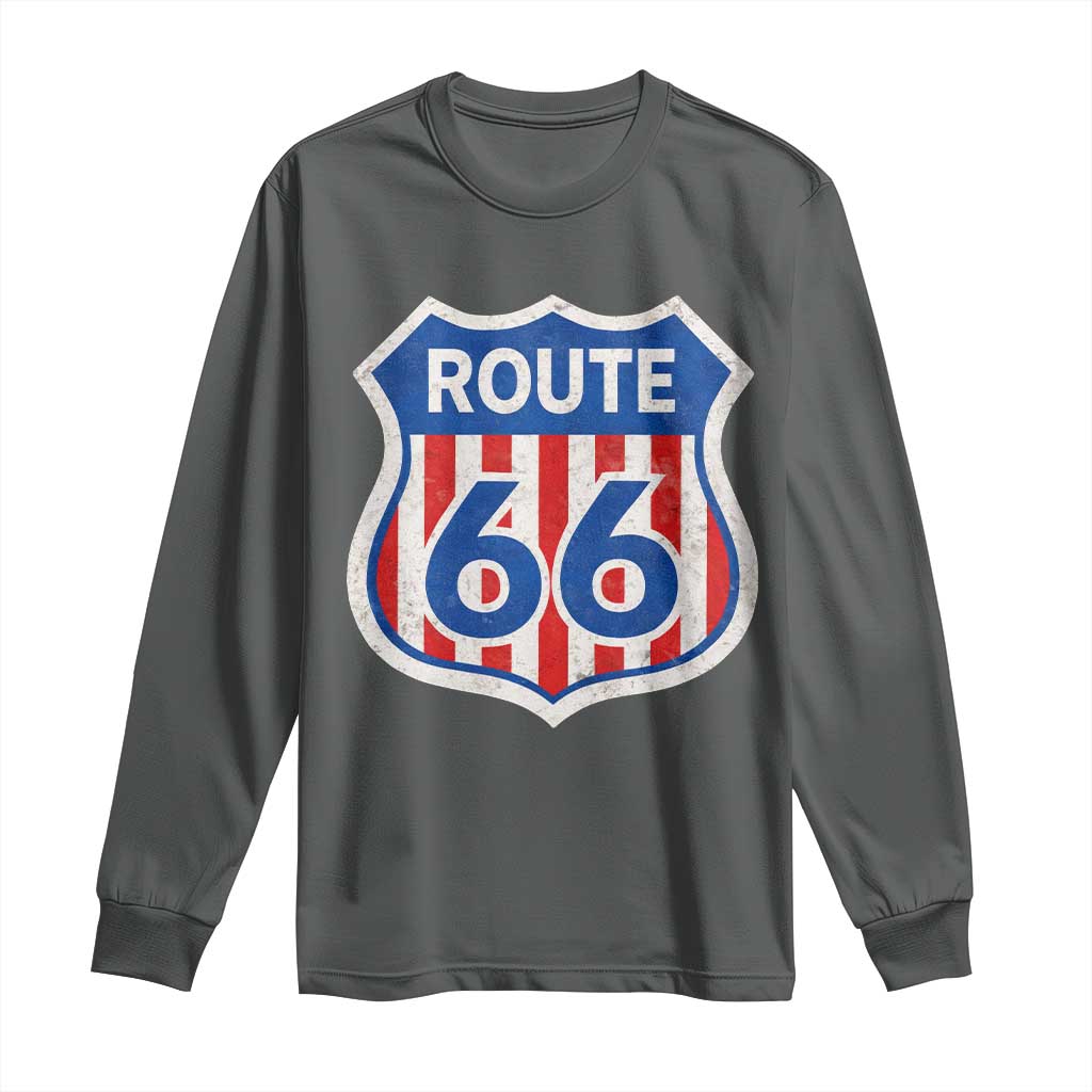 Vintage Route Highway 66 Historical Sign Distressed American Flag Road Trip Long Sleeve Shirt TS11 Dark Heather Print Your Wear